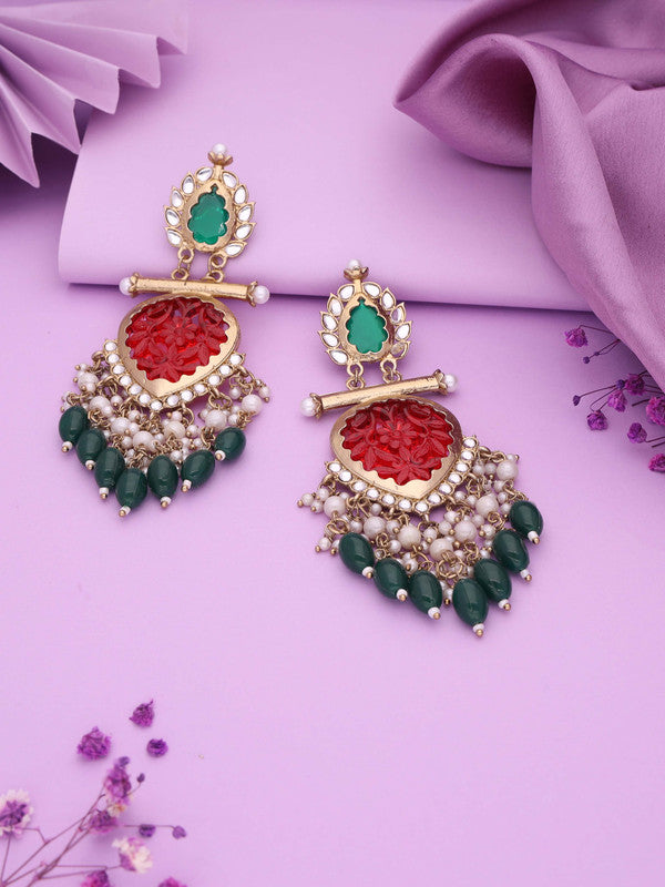 Tehzeeb Creations Latest Red & Green Colour Gold Polish Kundan & Pearl Studded Designer Drop Long Earrings For Women And Girls Yellow