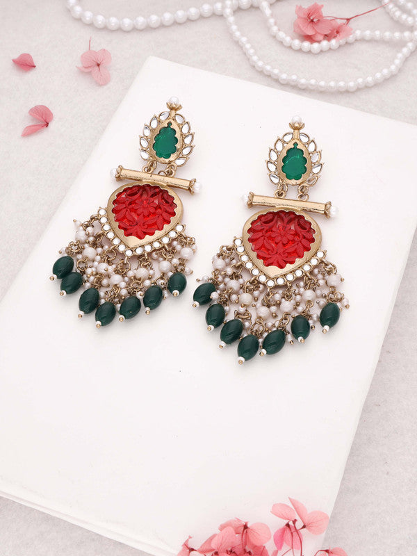 Tehzeeb Creations Latest Red & Green Colour Gold Polish Kundan & Pearl Studded Designer Drop Long Earrings For Women And Girls Yellow