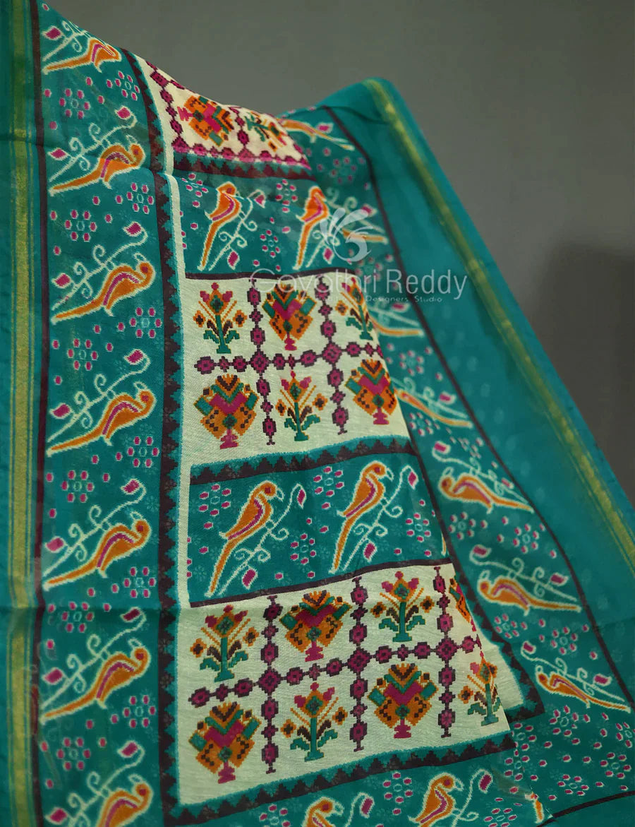 Vibrant Shades of Cream Patola Print Semi Chanderi Saree By Gayathri Reddy Designer Studio