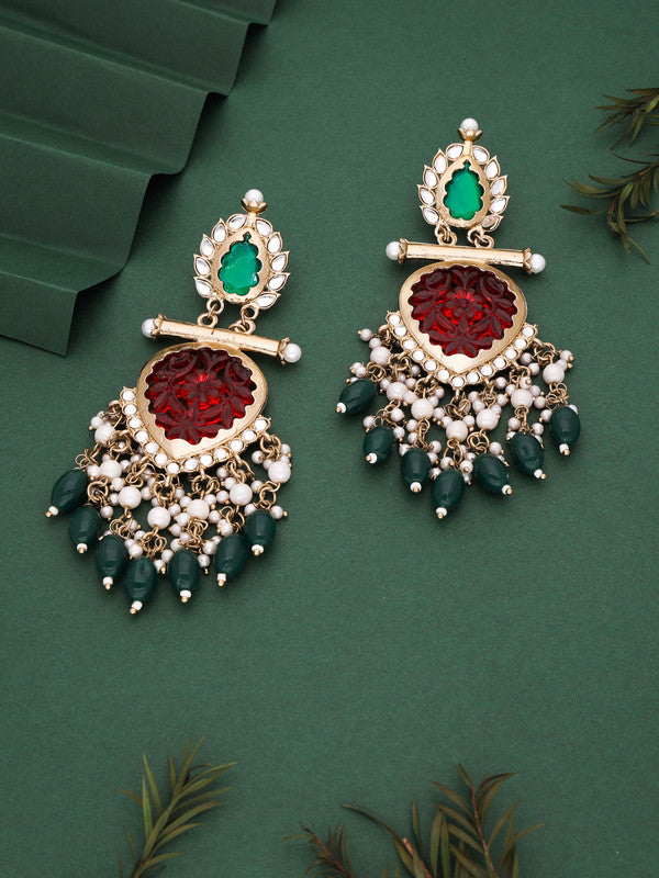 Tehzeeb Creations Latest Red & Green Colour Gold Polish Kundan & Pearl Studded Designer Drop Long Earrings For Women And Girls Yellow