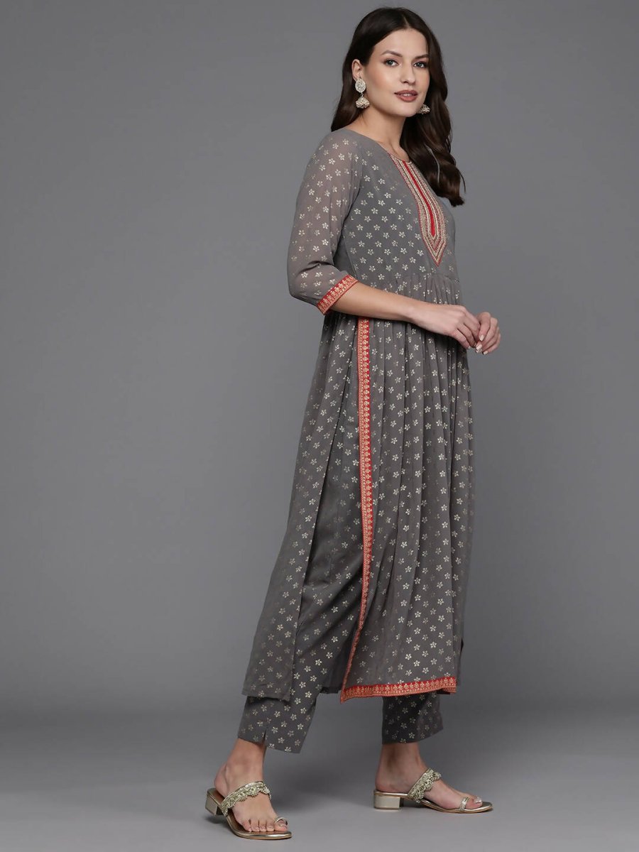 Ahalyaa Women Ethnic Motifs Printed Pleated Sequinned Kurta with Trousers - Grey Color