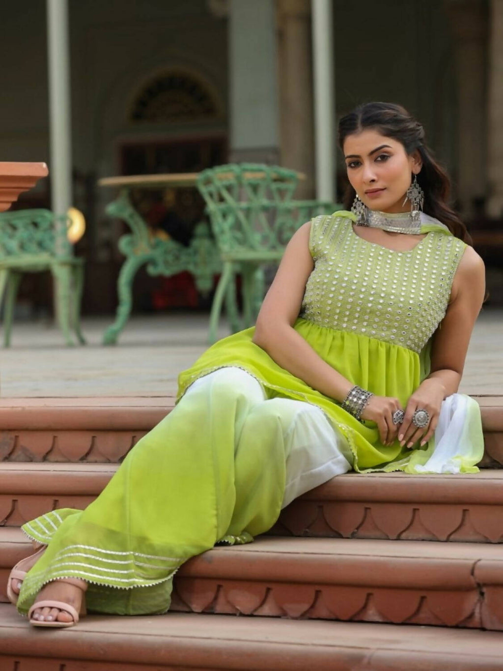Juniper Women Green Georgette Embroidered Kurta, Palazzo and Dupatta Set