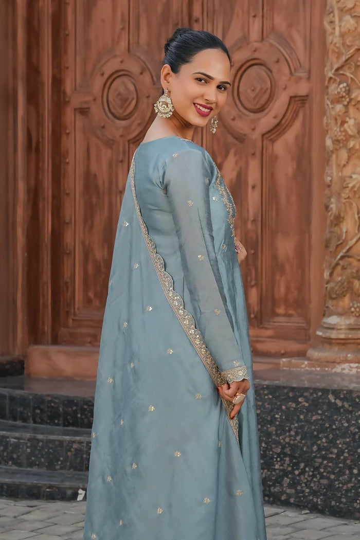 The52 Teal Blue Women's Gorgeous Vichitra Silk Fabric Embroidered Work Flared Anarkali Pant and Dupatta Set