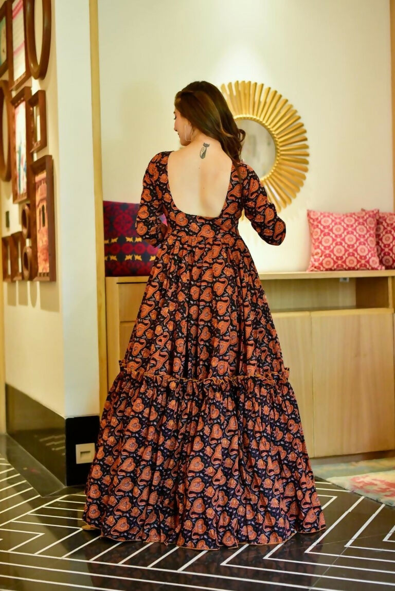 Jyoti Fashion Women's Brown Heavy Digital Printed Cotton Silk Anarkali Dress