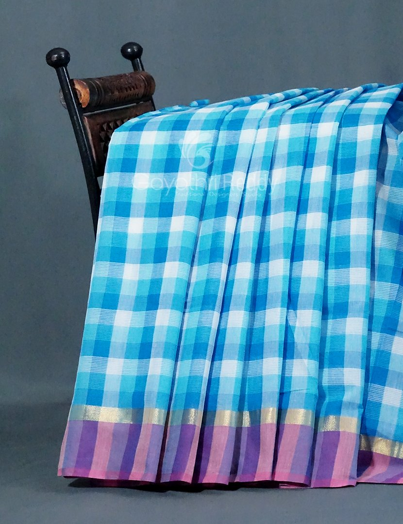 Sky Blue With Checks Pure Mangalgiri Cotton Saree By Gayathri Reddy Designer Studio