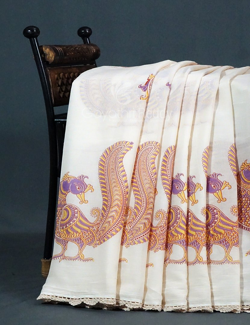 Cream Colour Block Print Crocia Mulmul Cotton Saree By Gayathri Reddy Designer Studio