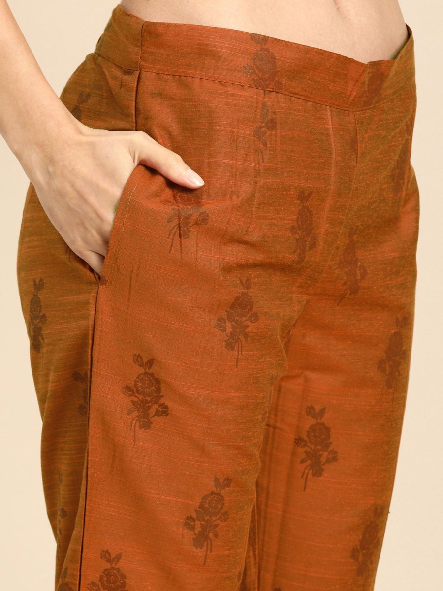 All About You Women Orange Floral Print Embroidered Regular Kurta with Trousers