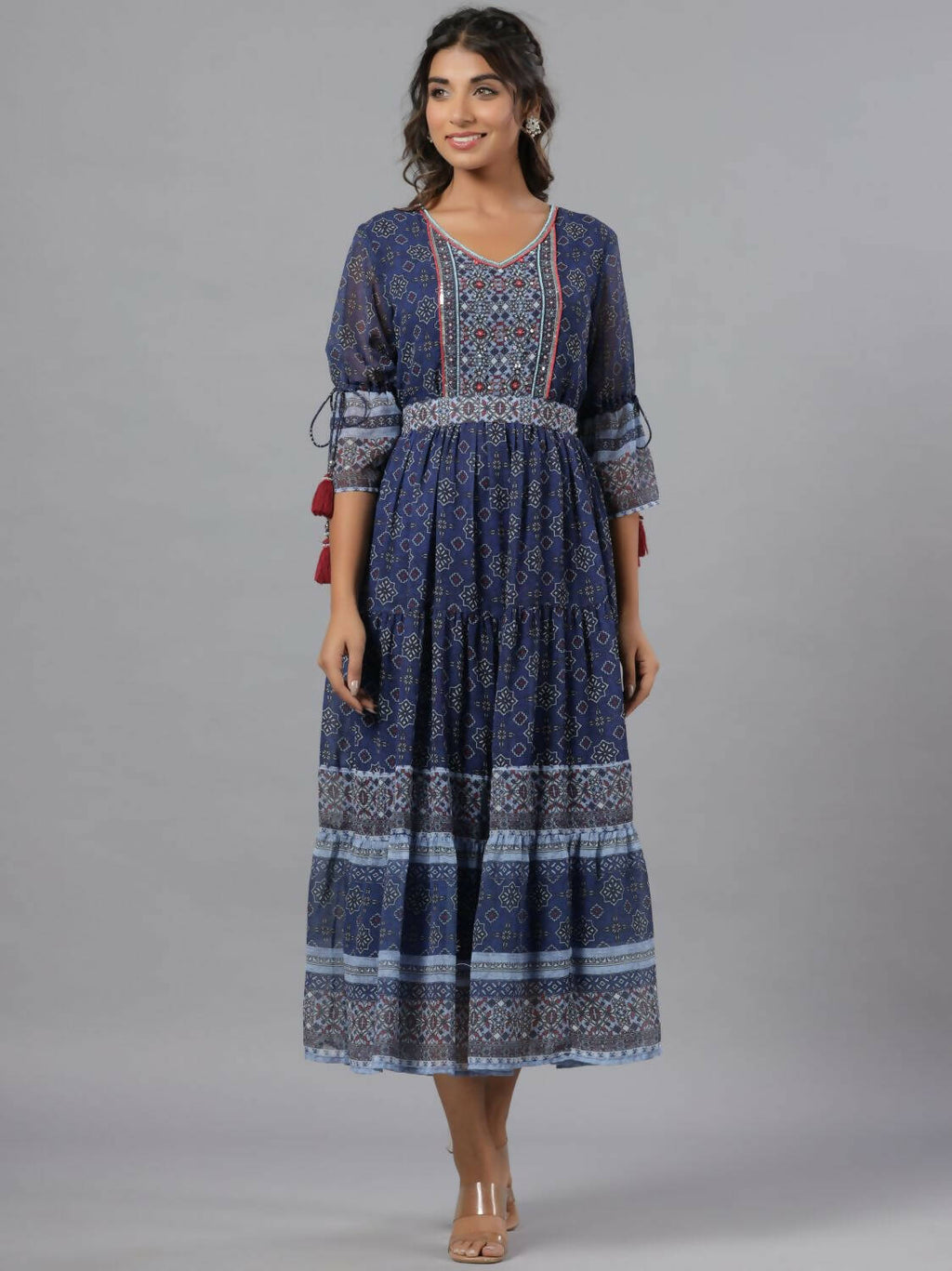 Juniper Women Navy Blue Georgette Geometric Printed Tiered Maxi Dress