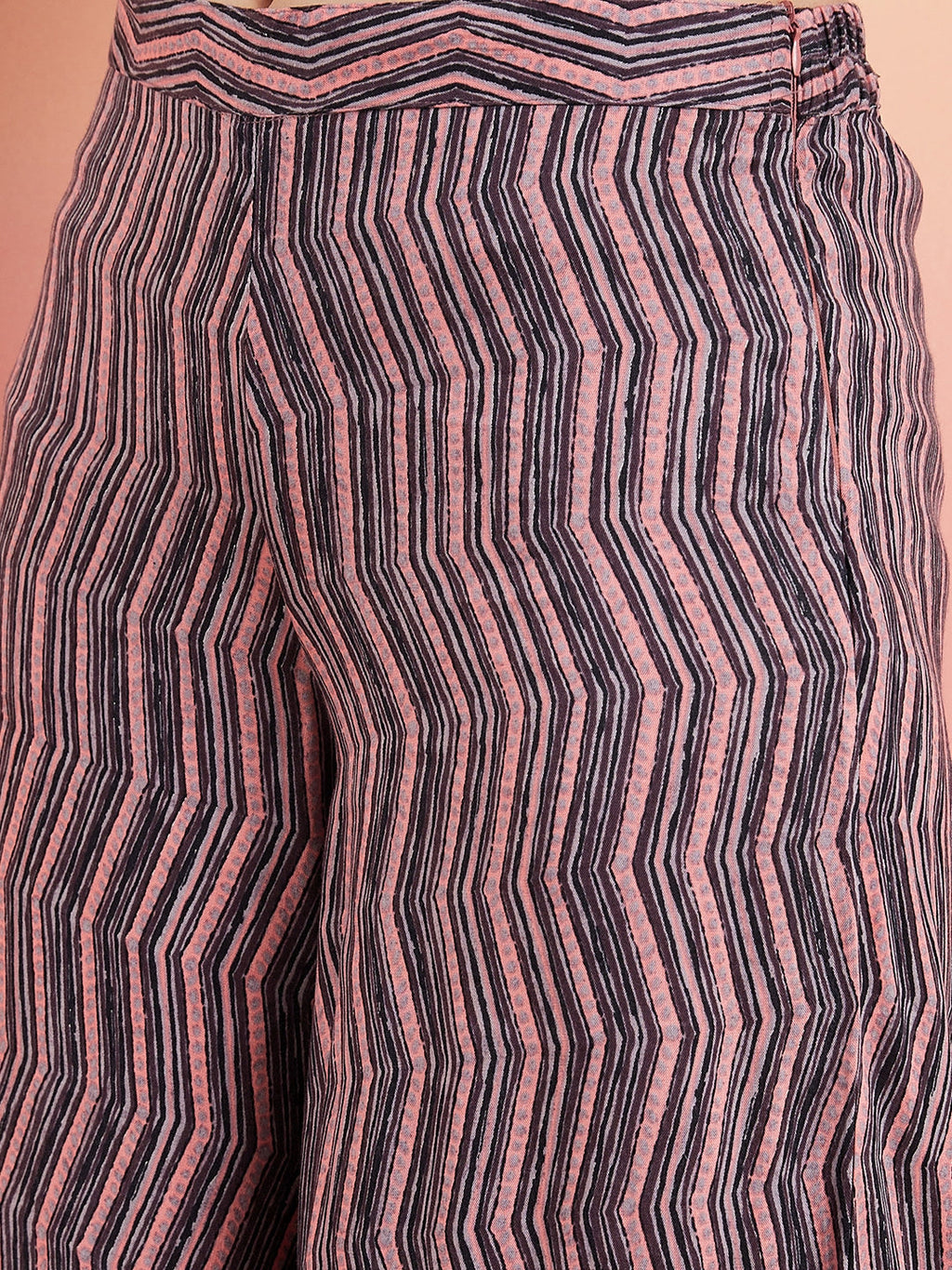InWeave Women's Mauve Bagh Print Spaghetti Kurta Zig Zag Palazzo Set