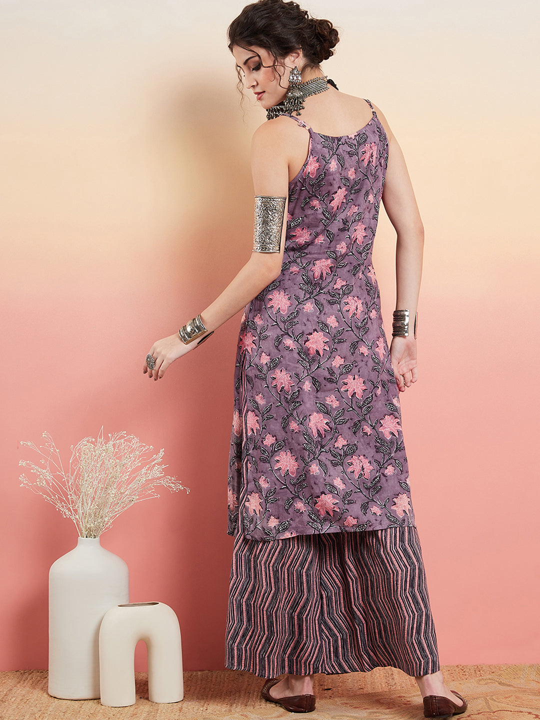 InWeave Women's Mauve Bagh Print Spaghetti Kurta Zig Zag Palazzo Set