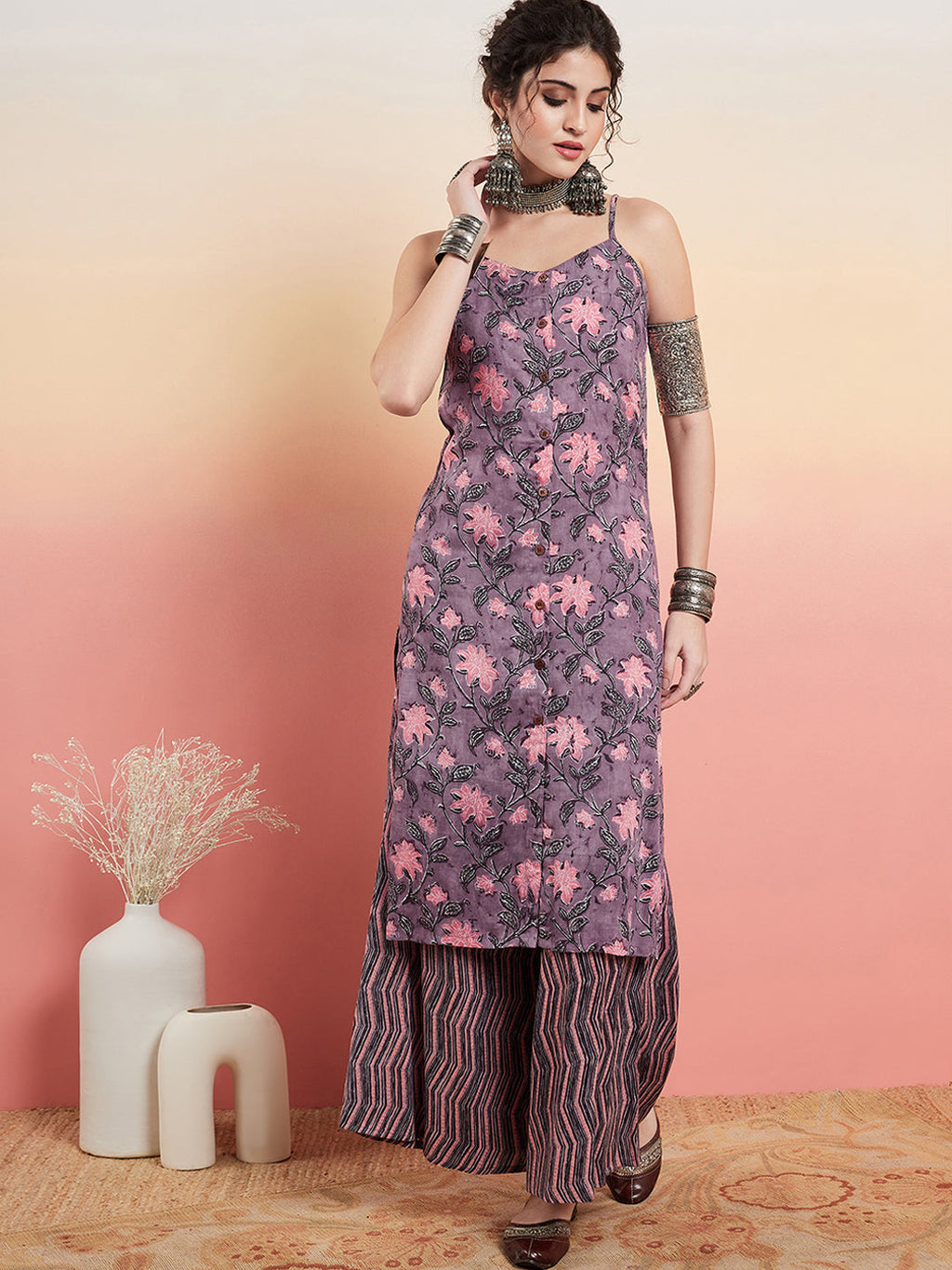 InWeave Women's Mauve Bagh Print Spaghetti Kurta Zig Zag Palazzo Set