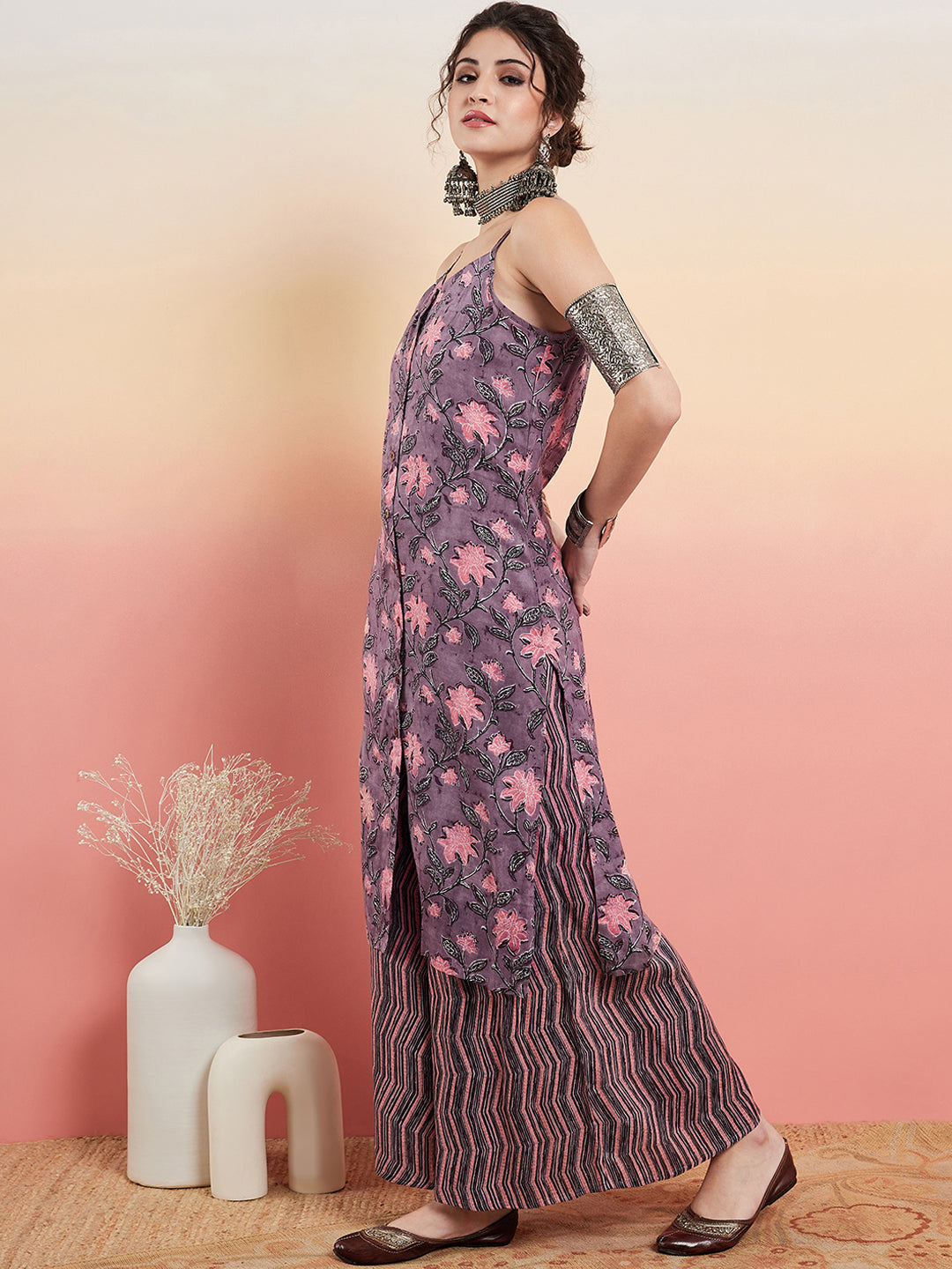 InWeave Women's Mauve Bagh Print Spaghetti Kurta Zig Zag Palazzo Set