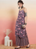 InWeave Women's Mauve Bagh Print Spaghetti Kurta Zig Zag Palazzo Set