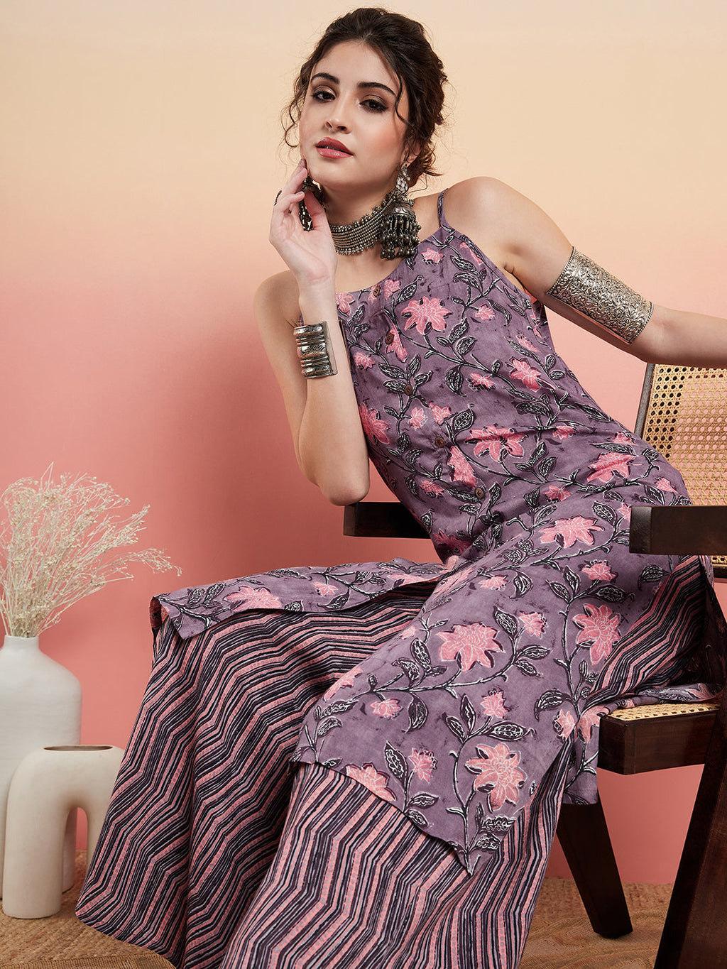 InWeave Women's Mauve Bagh Print Spaghetti Kurta Zig Zag Palazzo Set