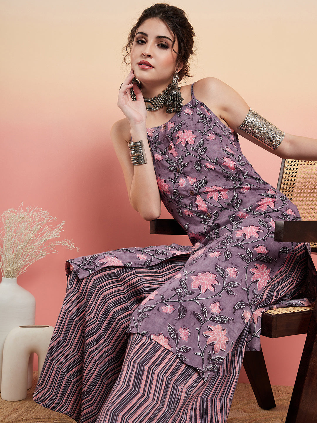 InWeave Women's Mauve Bagh Print Spaghetti Kurta Zig Zag Palazzo Set