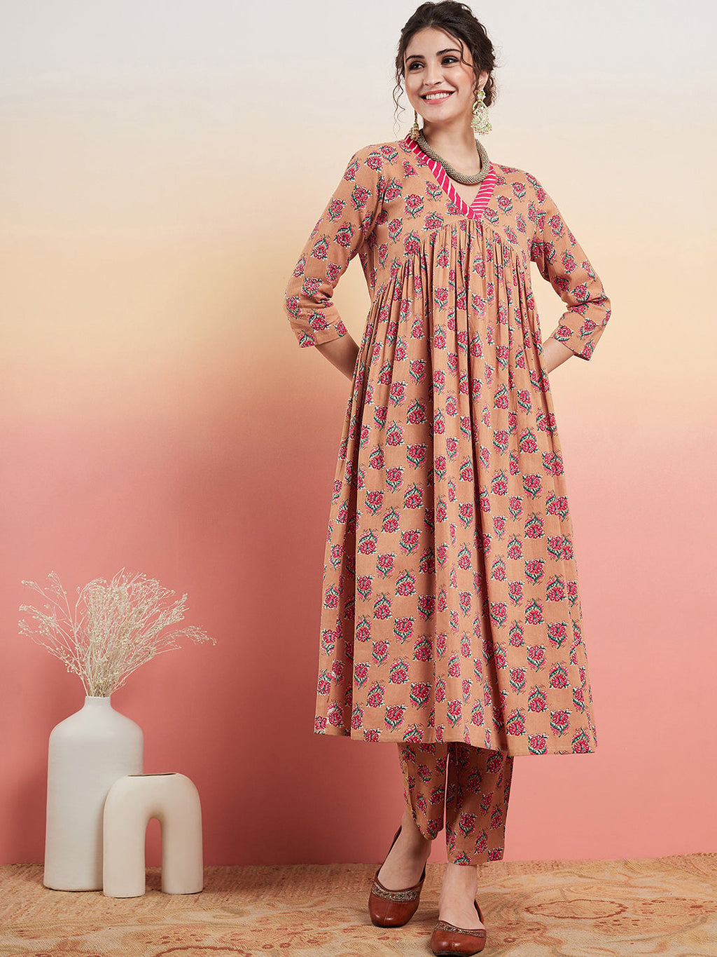 InWeave Women's Beige Pink Floral Pink White Leh V Neck Kurta Set