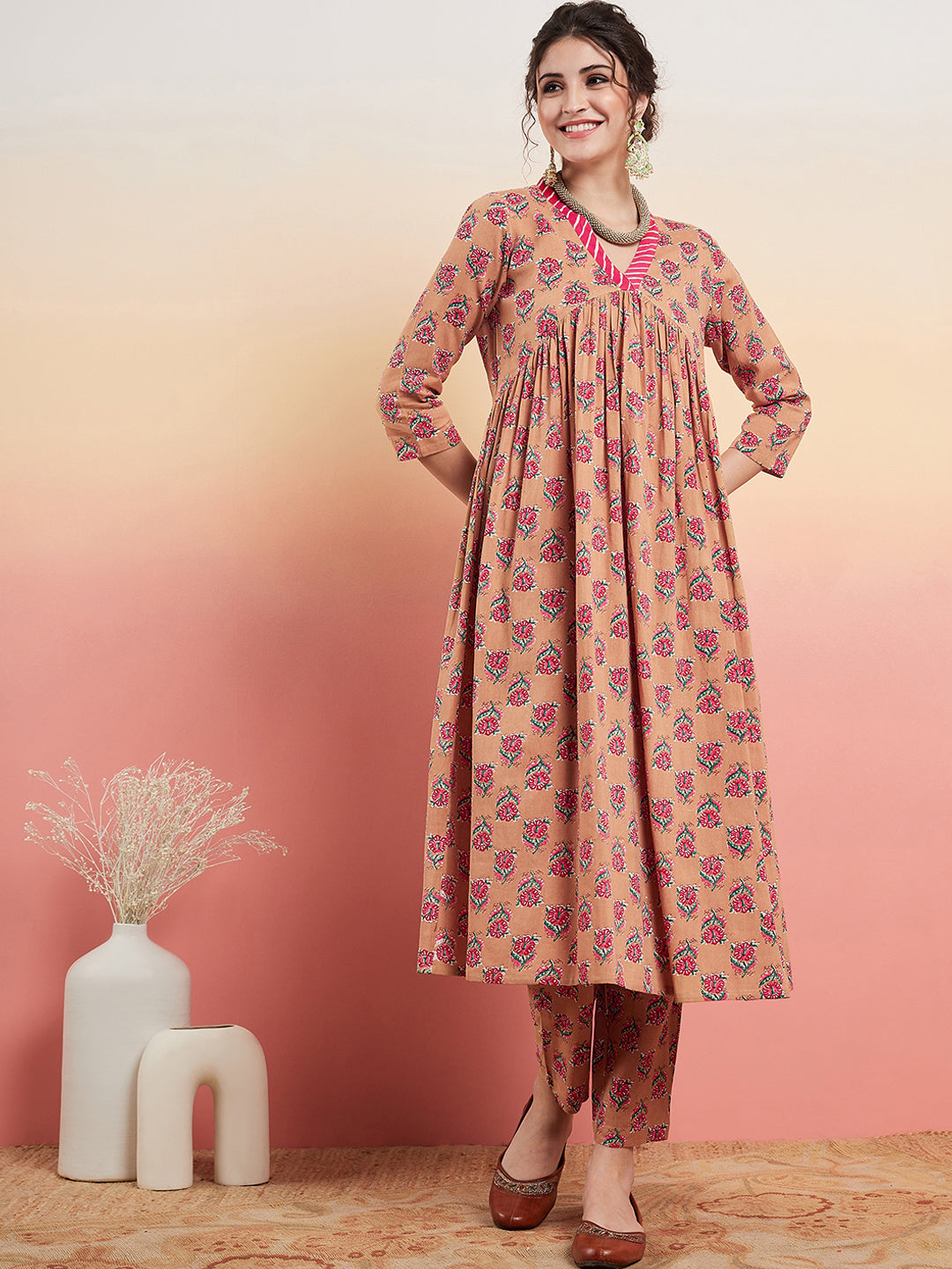 InWeave Women's Beige Pink Floral Pink White Leh V Neck Kurta Set