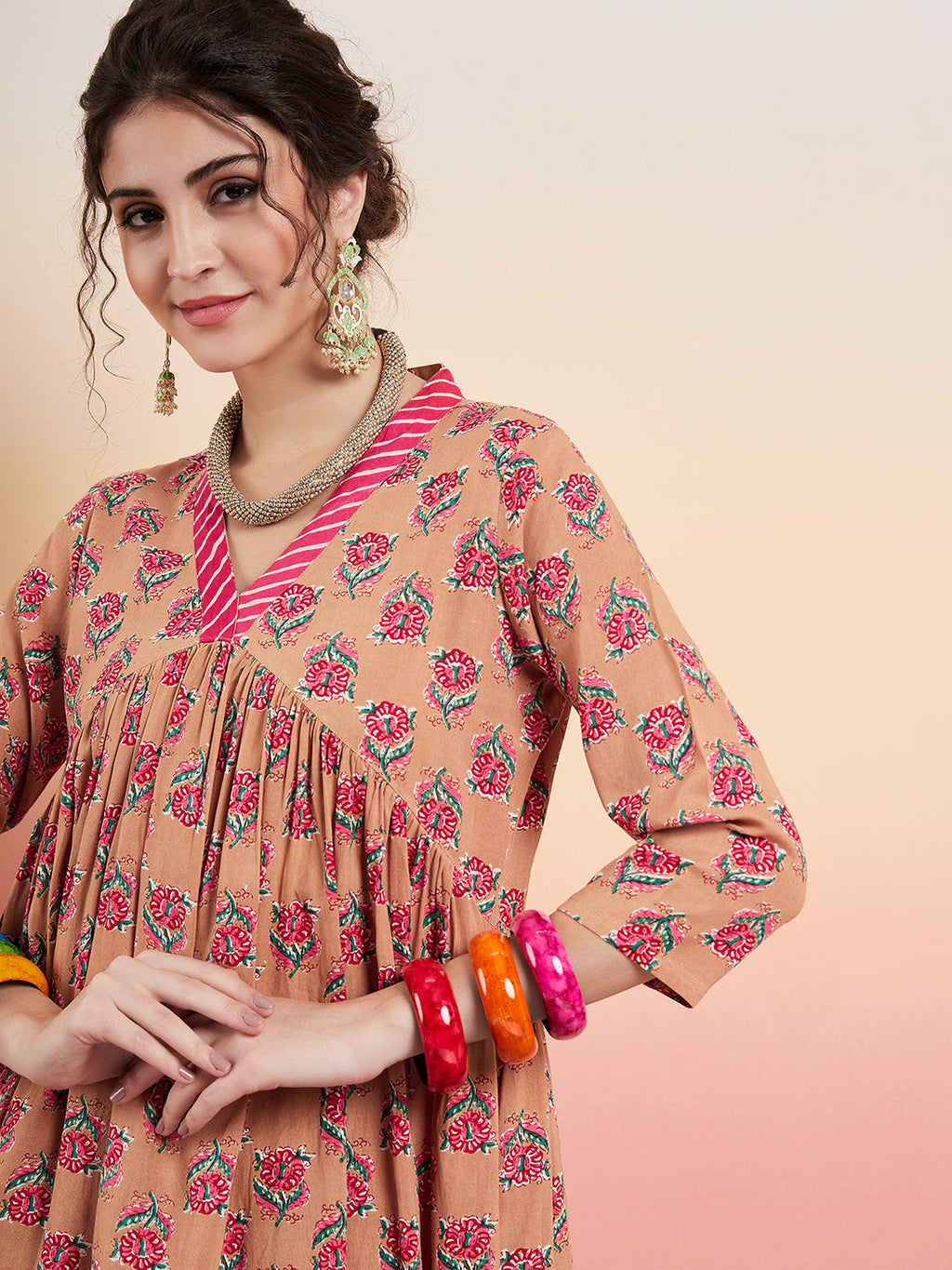 InWeave Women's Beige Pink Floral Pink White Leh V Neck Kurta Set
