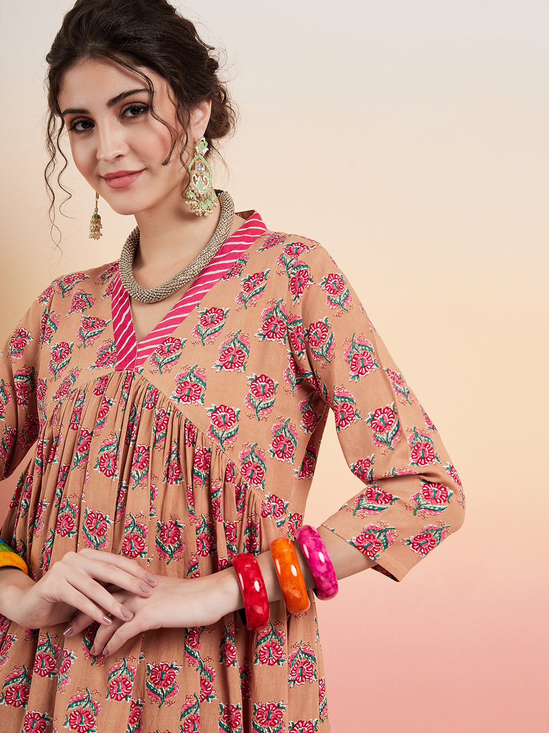 InWeave Women's Beige Pink Floral Pink White Leh V Neck Kurta Set