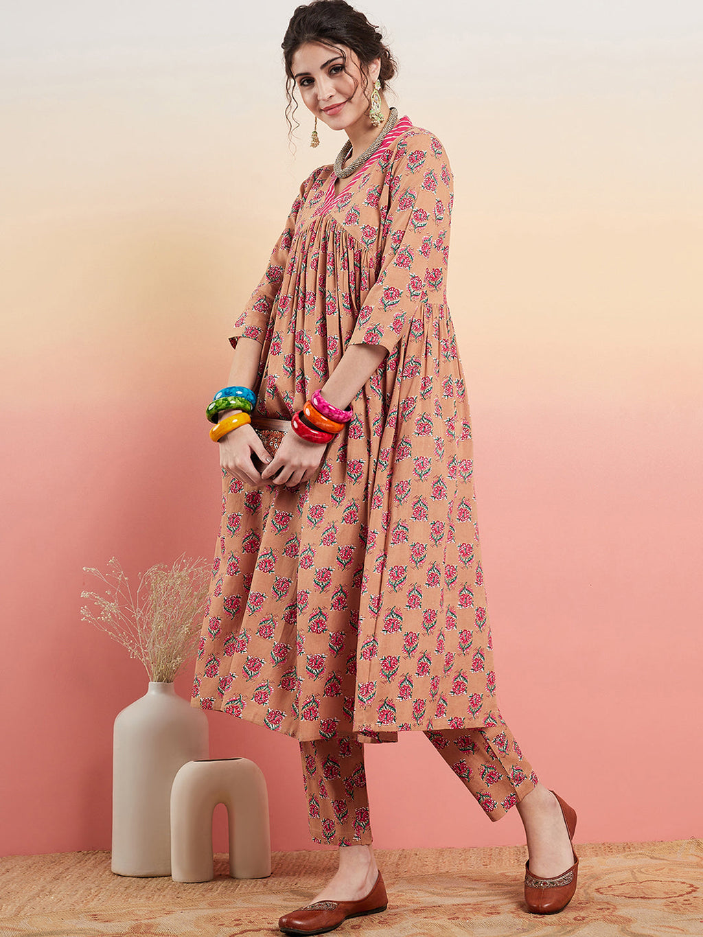 InWeave Women's Beige Pink Floral Pink White Leh V Neck Kurta Set