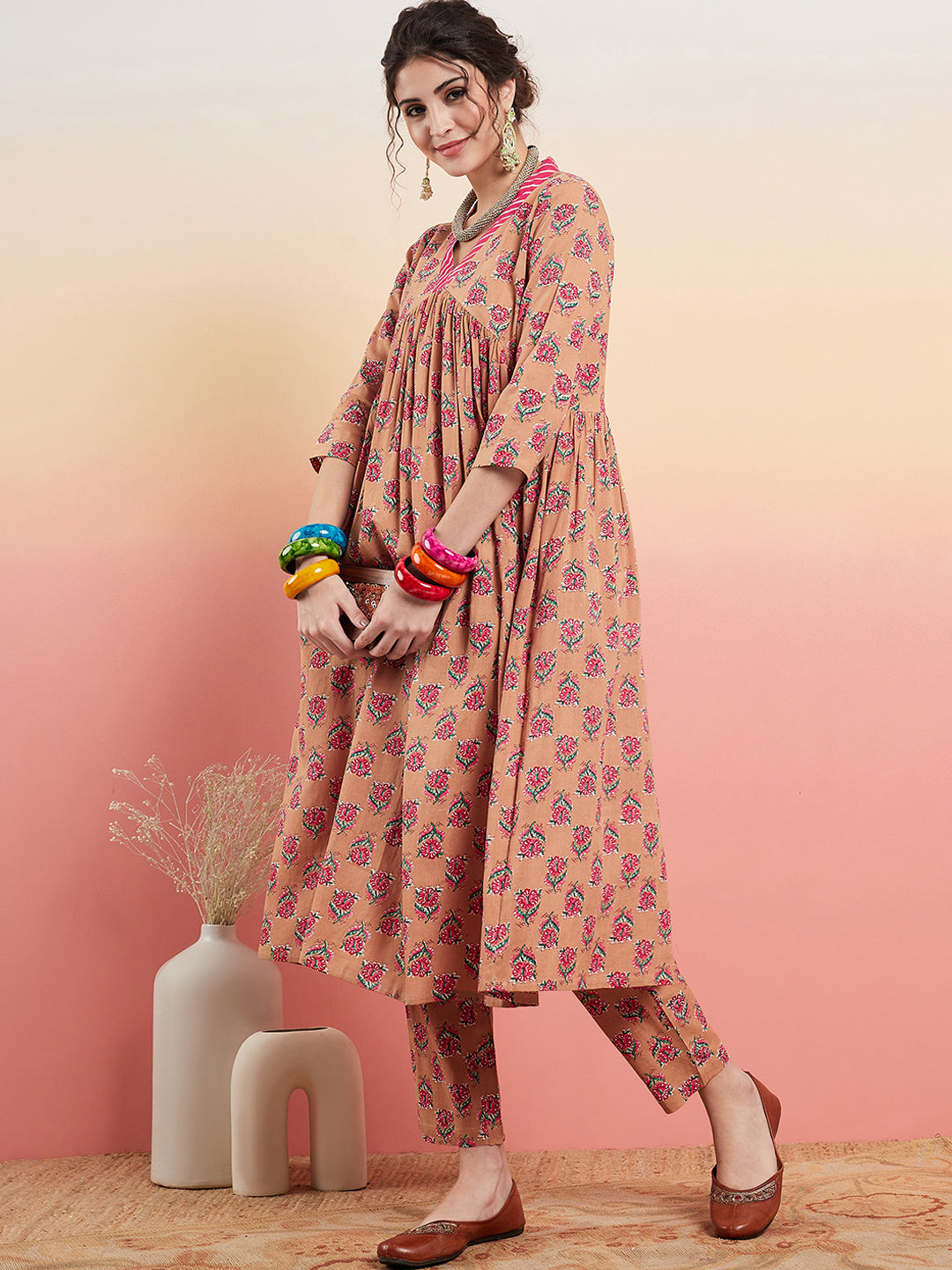 InWeave Women's Beige Pink Floral Pink White Leh V Neck Kurta Set