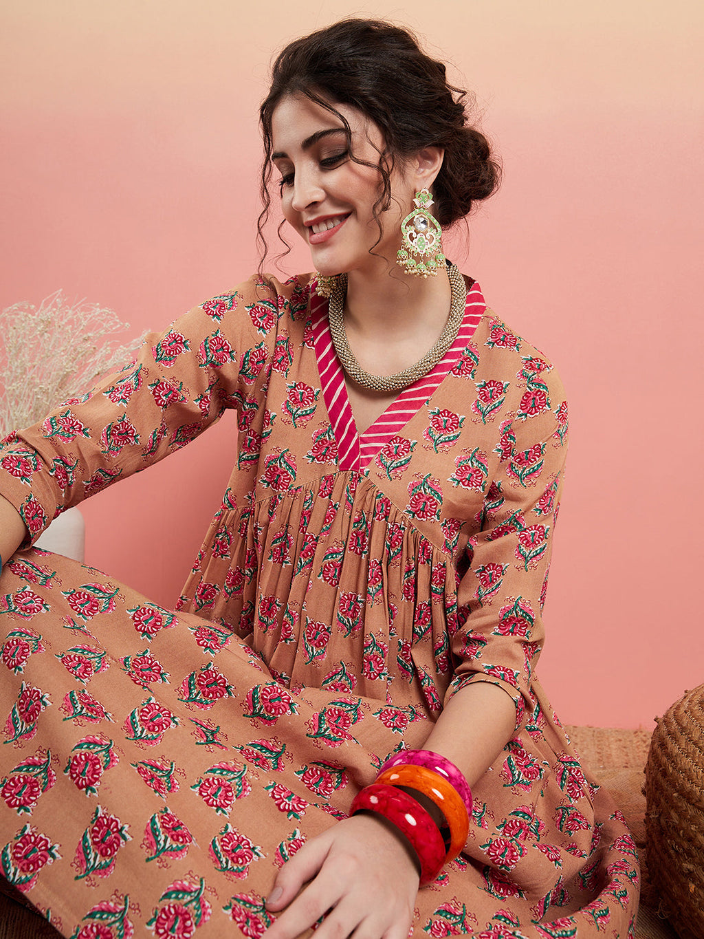 InWeave Women's Beige Pink Floral Pink White Leh V Neck Kurta Set