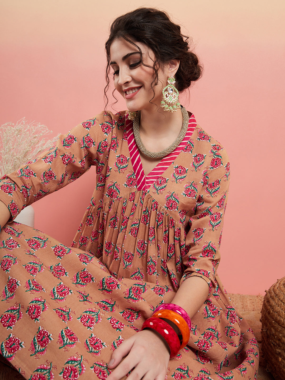 InWeave Women's Beige Pink Floral Pink White Leh V Neck Kurta Set