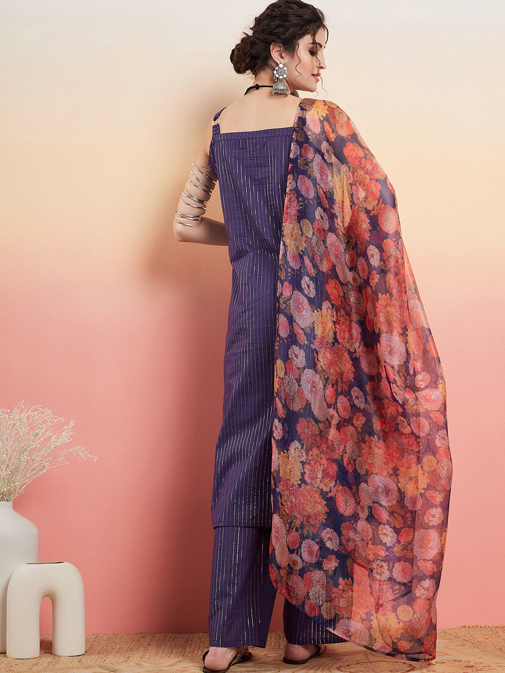 InWeave Women's Purple Lurex Strapp Straight Kurta Set W Organza Dupatta