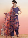 InWeave Women's Purple Lurex Strapp Straight Kurta Set W Organza Dupatta