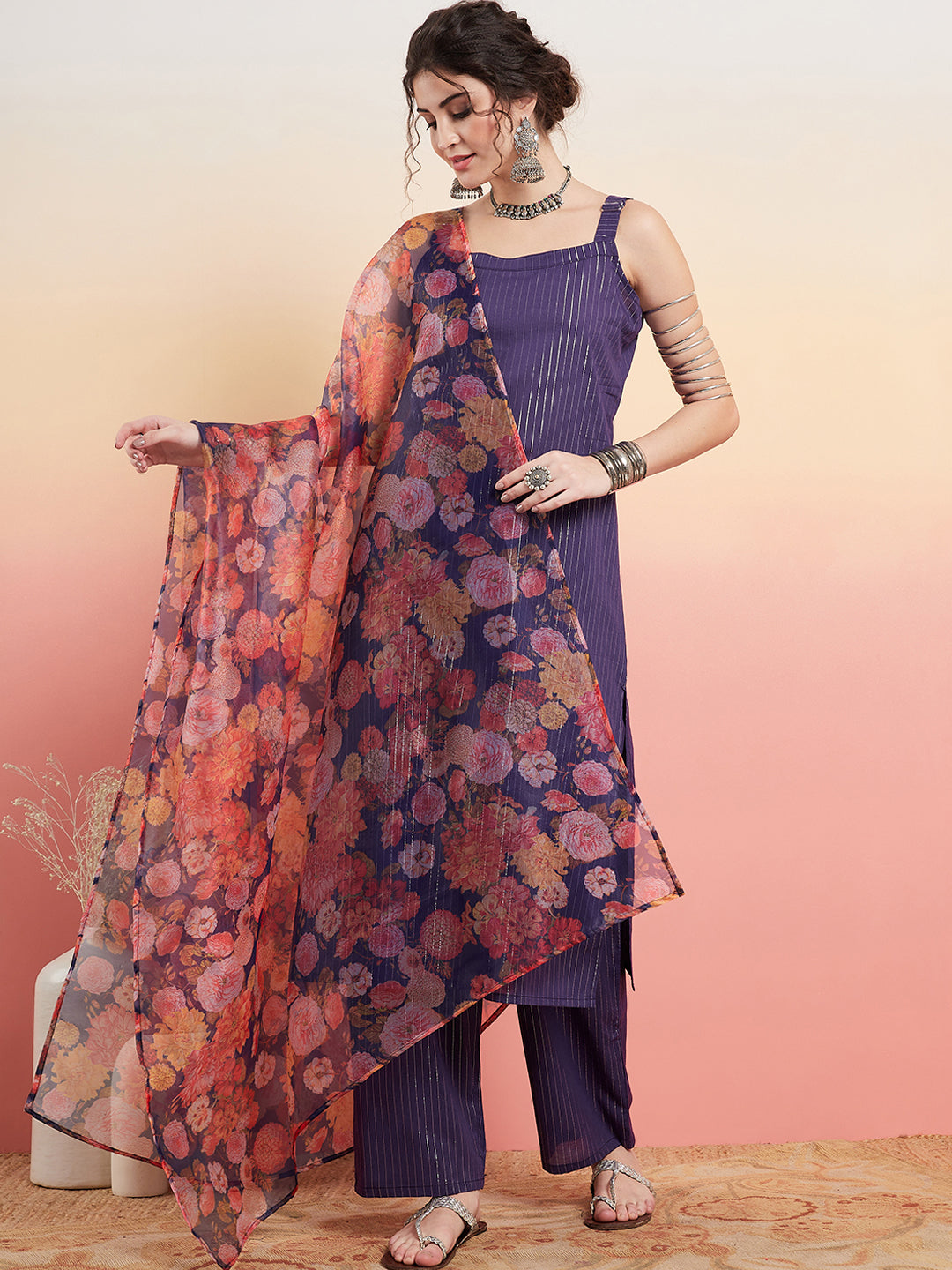 InWeave Women's Purple Lurex Strapp Straight Kurta Set W Organza Dupatta