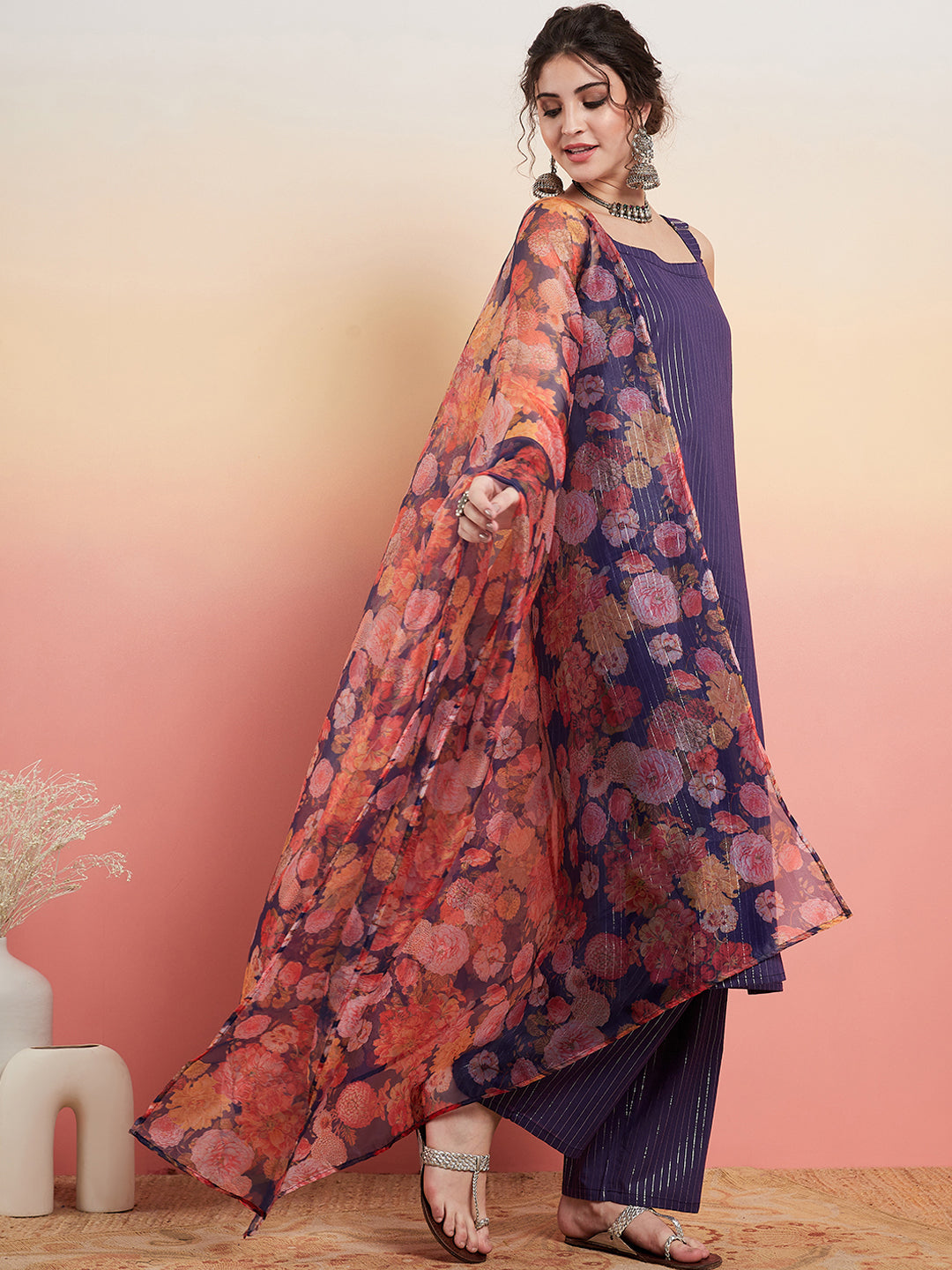 InWeave Women's Purple Lurex Strapp Straight Kurta Set W Organza Dupatta
