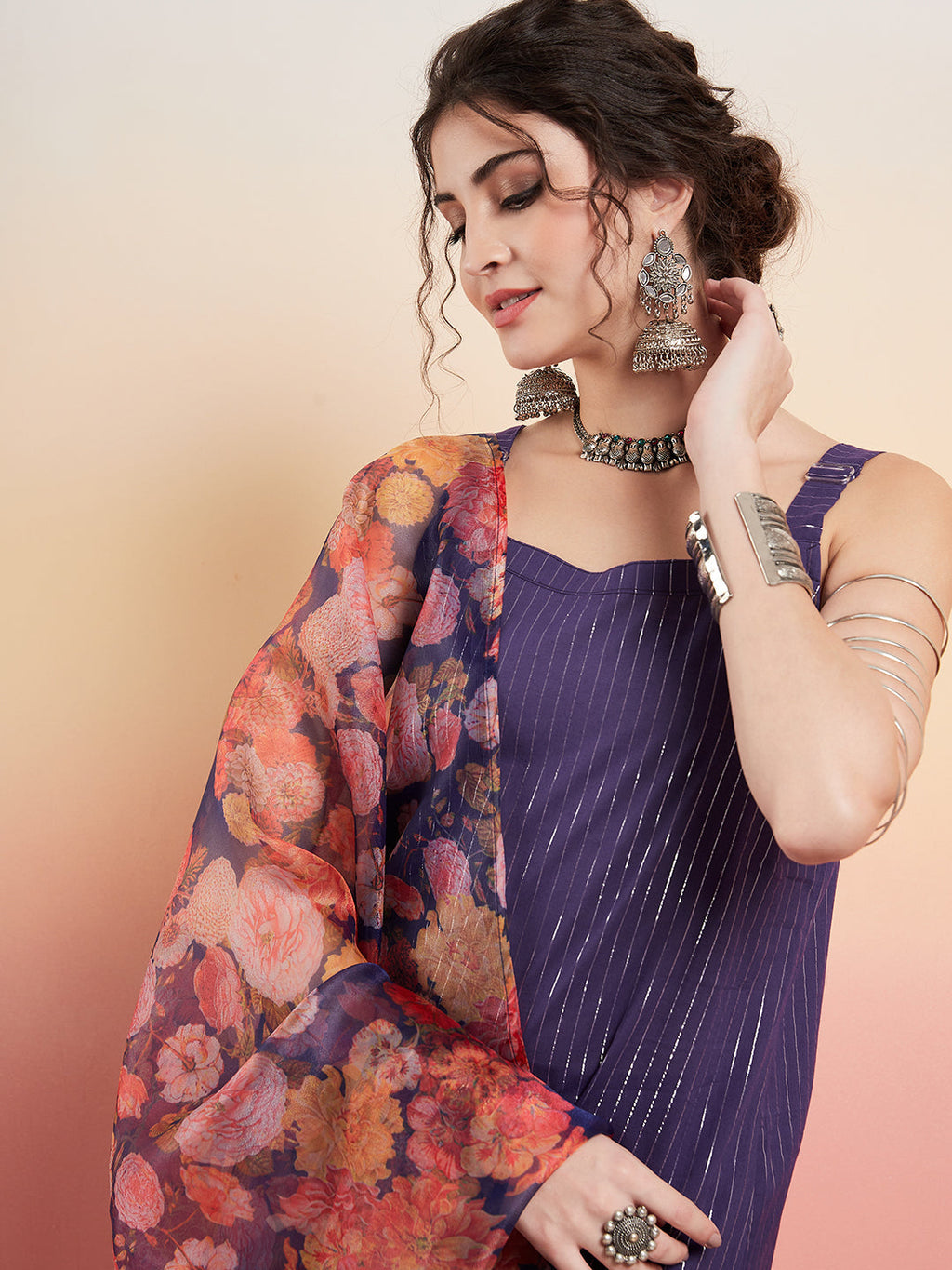 InWeave Women's Purple Lurex Strapp Straight Kurta Set W Organza Dupatta