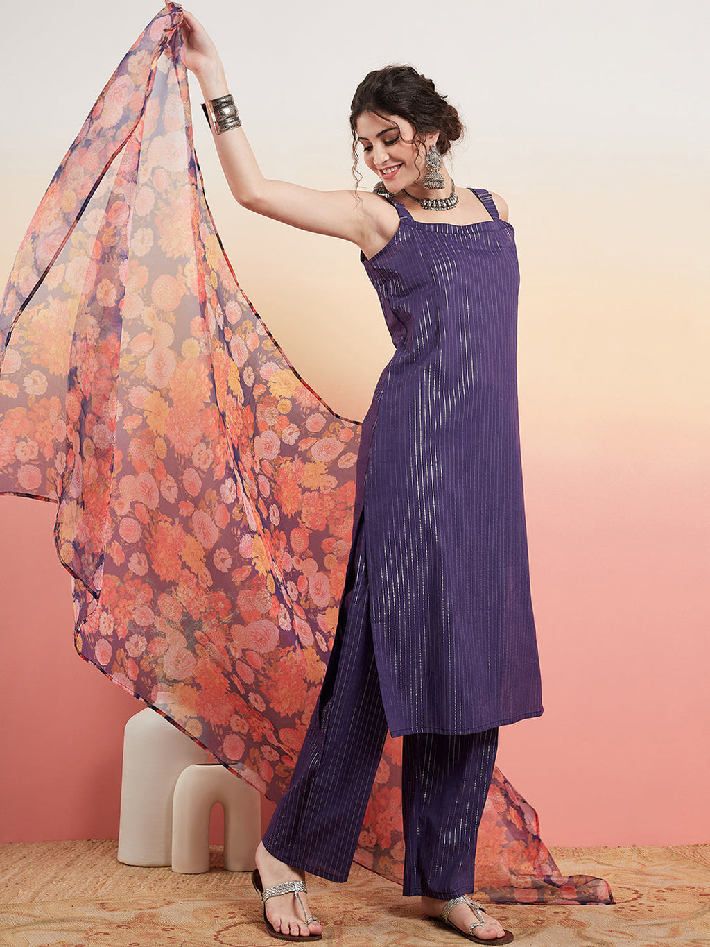 InWeave Women's Purple Lurex Strapp Straight Kurta Set W Organza Dupatta