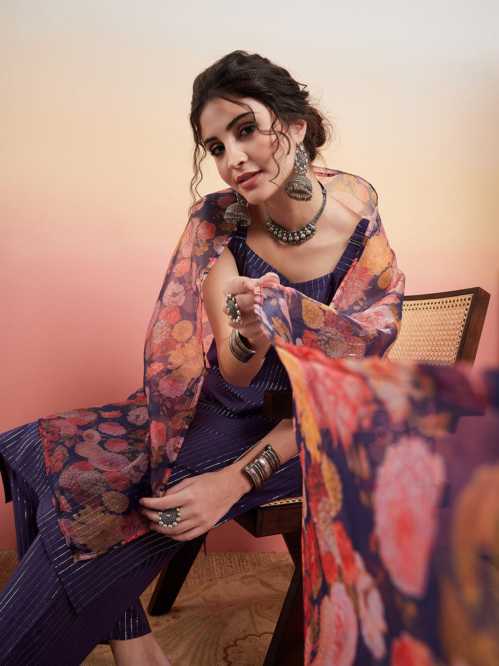 InWeave Women's Purple Lurex Strapp Straight Kurta Set W Organza Dupatta