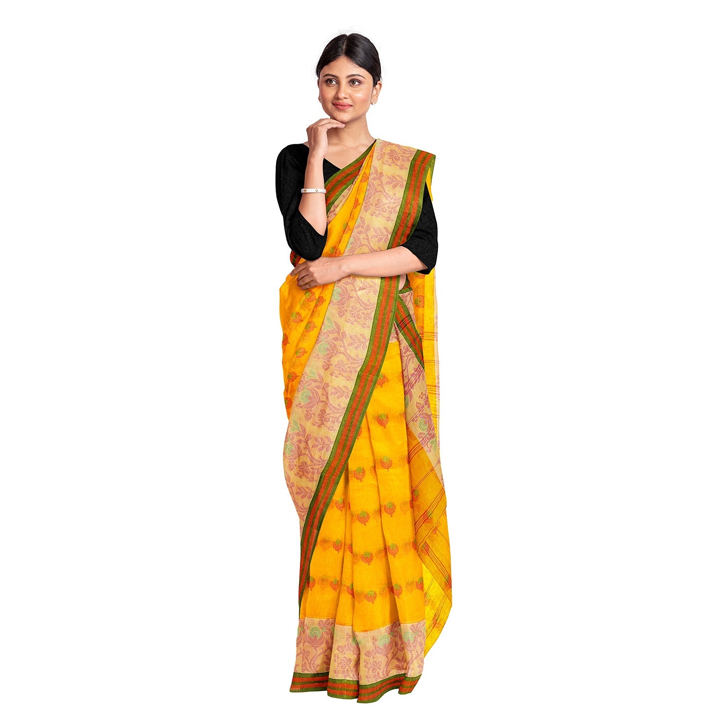 Exclusive Collection 100% Pure Cotton Yellow Tant Saree With Hand Weaving Work