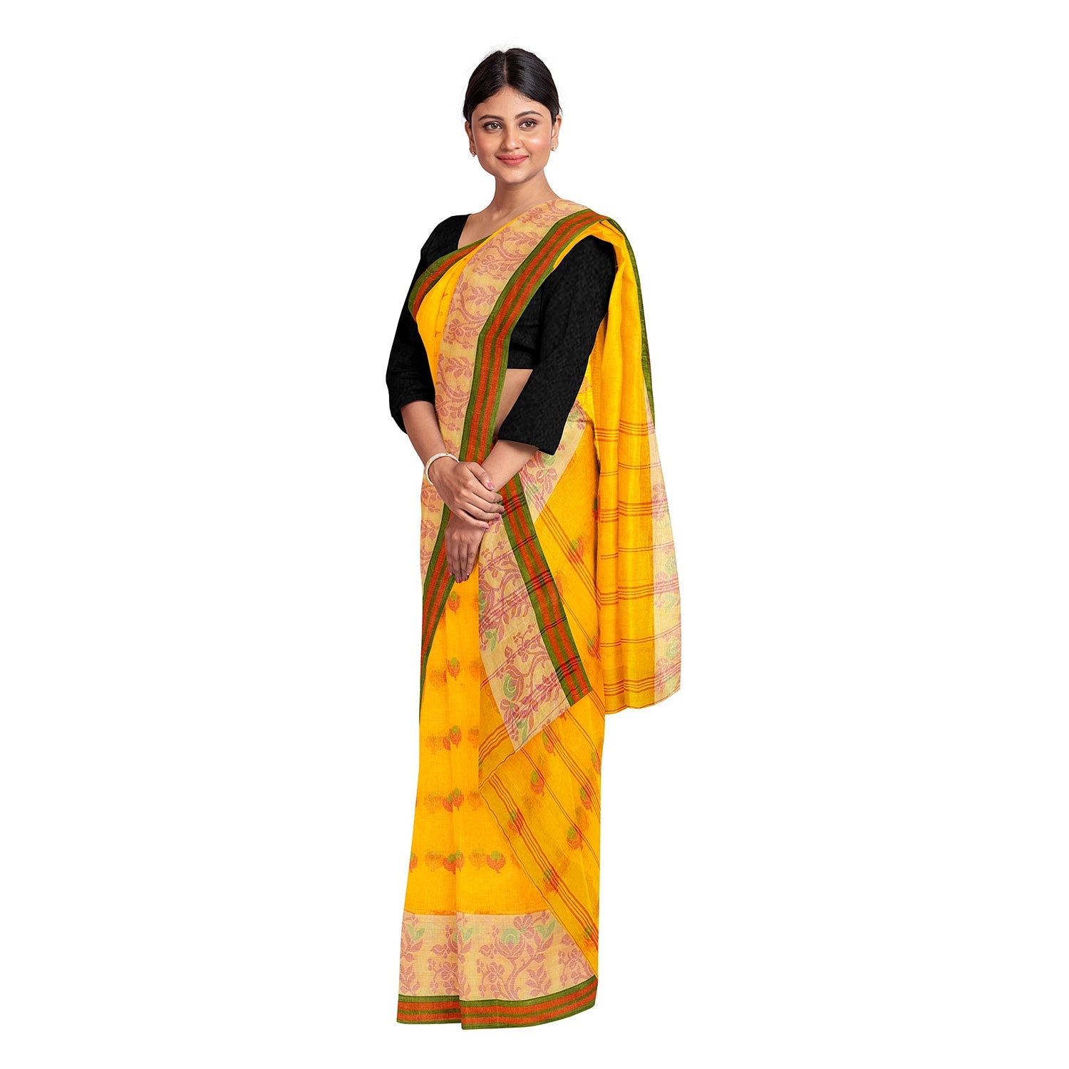 Exclusive Collection 100% Pure Cotton Yellow Tant Saree With Hand Weaving Work