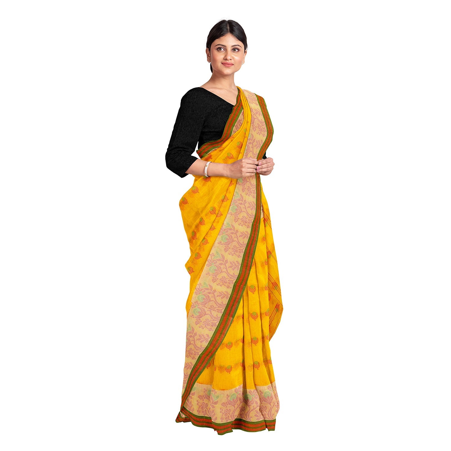 Exclusive Collection 100% Pure Cotton Yellow Tant Saree With Hand Weaving Work