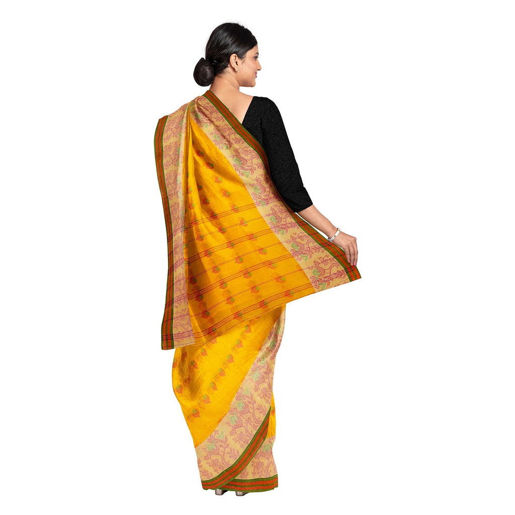 Exclusive Collection 100% Pure Cotton Yellow Tant Saree With Hand Weaving Work