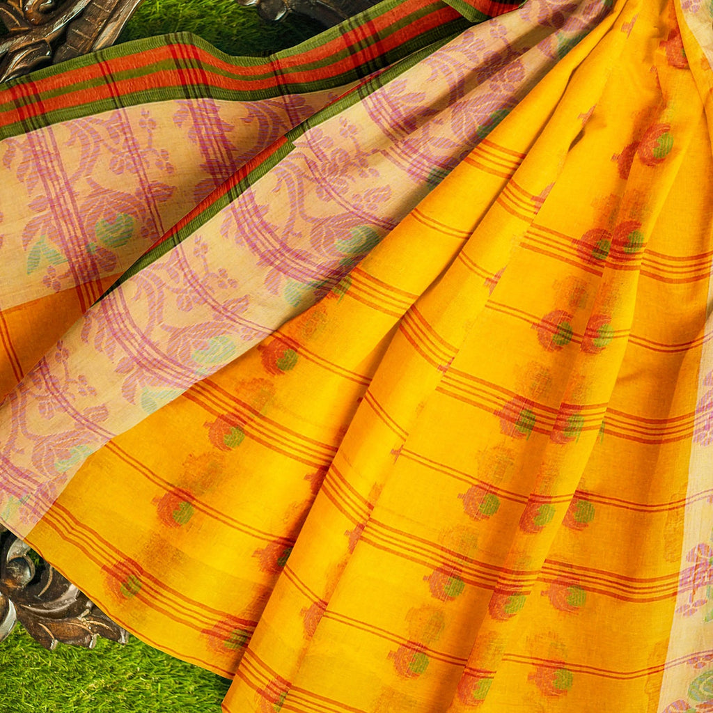 Exclusive Collection 100% Pure Cotton Yellow Tant Saree With Hand Weaving Work
