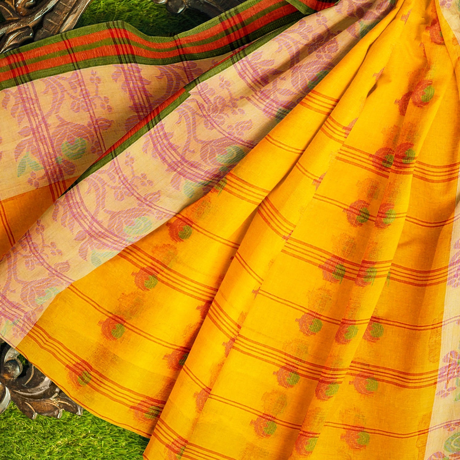 Exclusive Collection 100% Pure Cotton Yellow Tant Saree With Hand Weaving Work