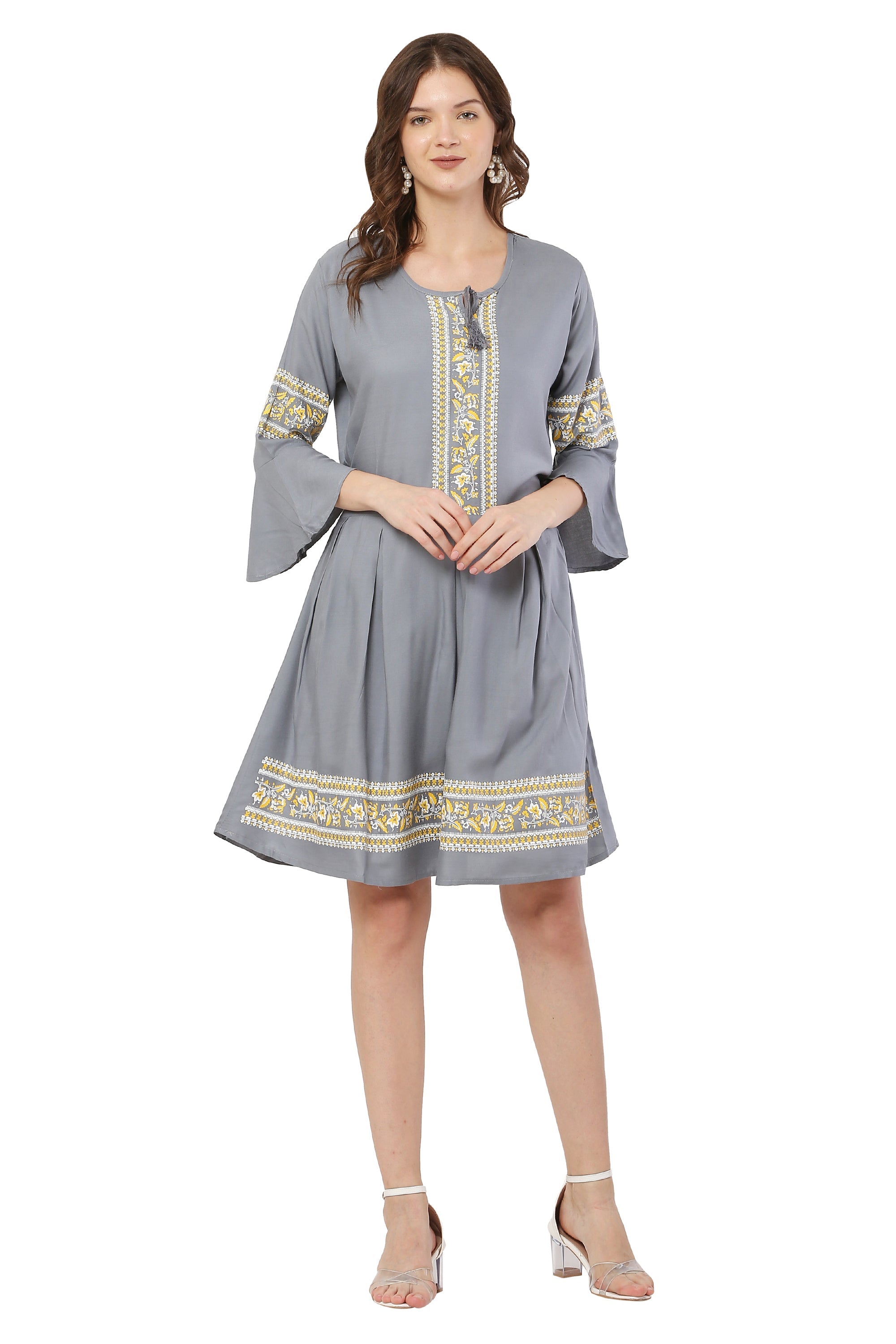 PAVONINE Grey Color Rayon Fabric Printed Short Midi For Girls