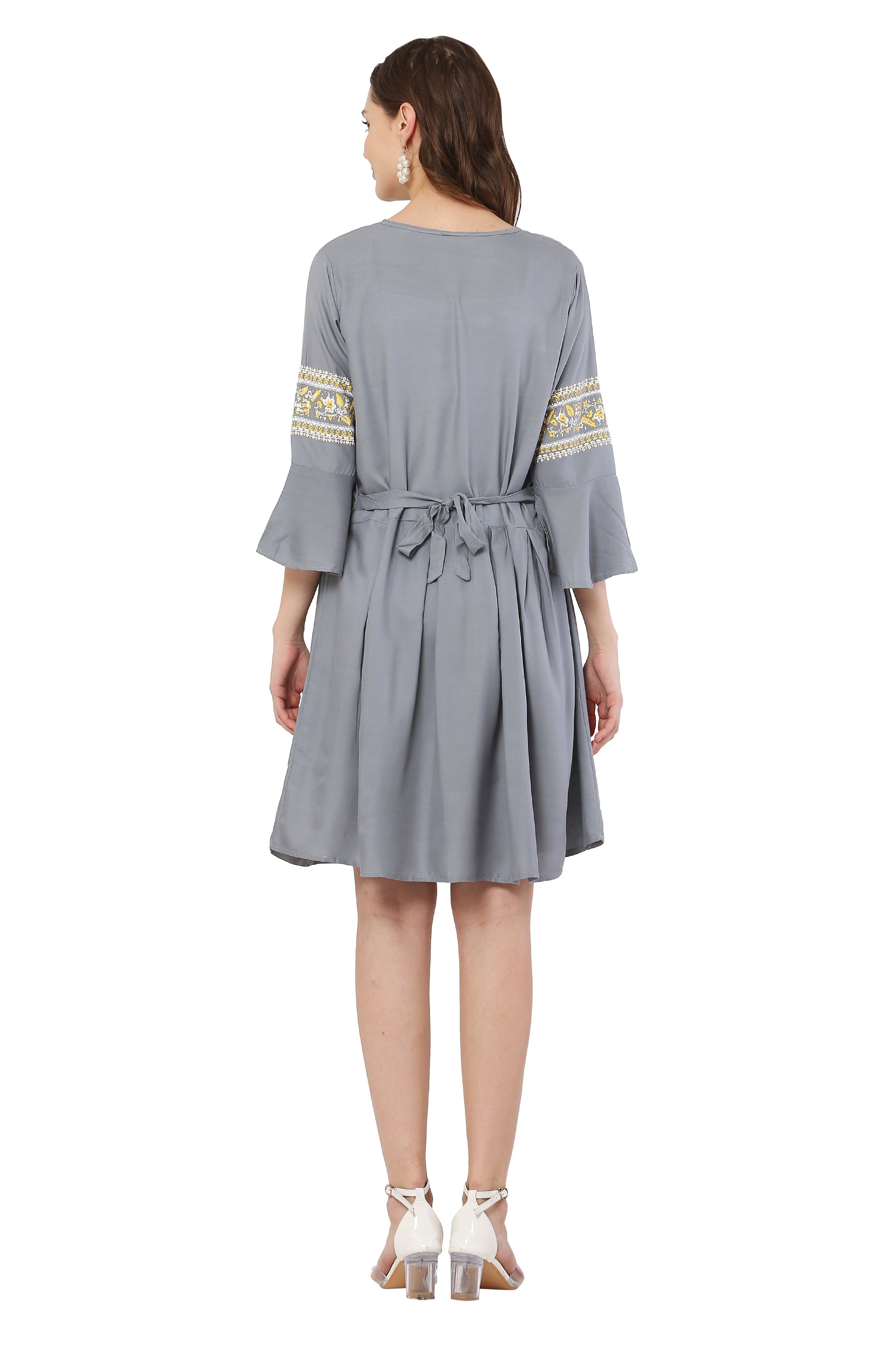 PAVONINE Grey Color Rayon Fabric Printed Short Midi For Girls