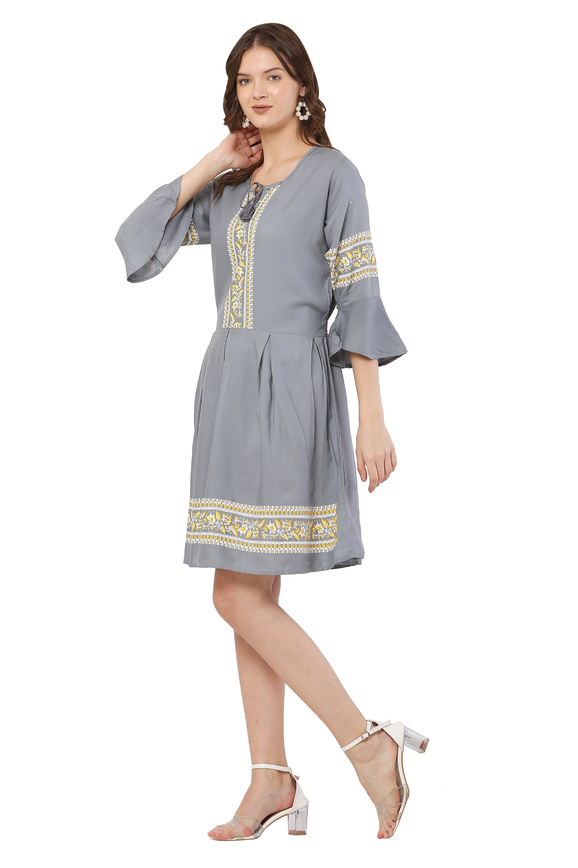 PAVONINE Grey Color Rayon Fabric Printed Short Midi For Girls