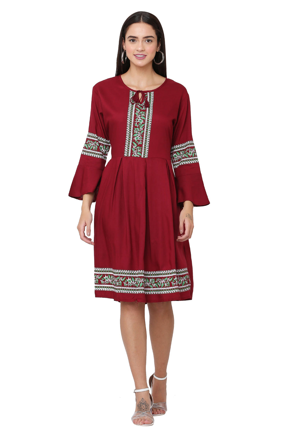 PAVONINE Maroon Color Rayon Fabric Printed Short Midi For Girls