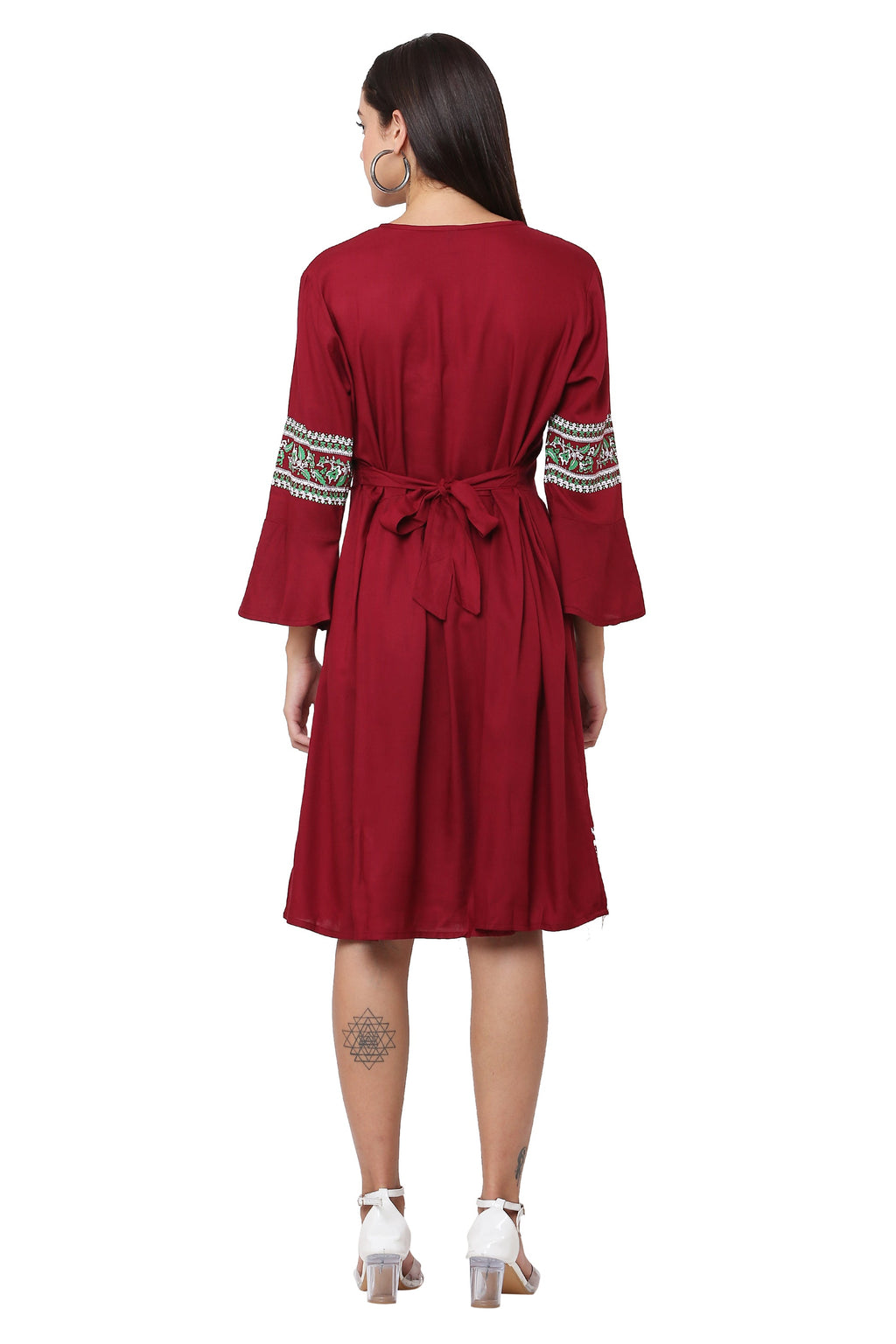 PAVONINE Maroon Color Rayon Fabric Printed Short Midi For Girls