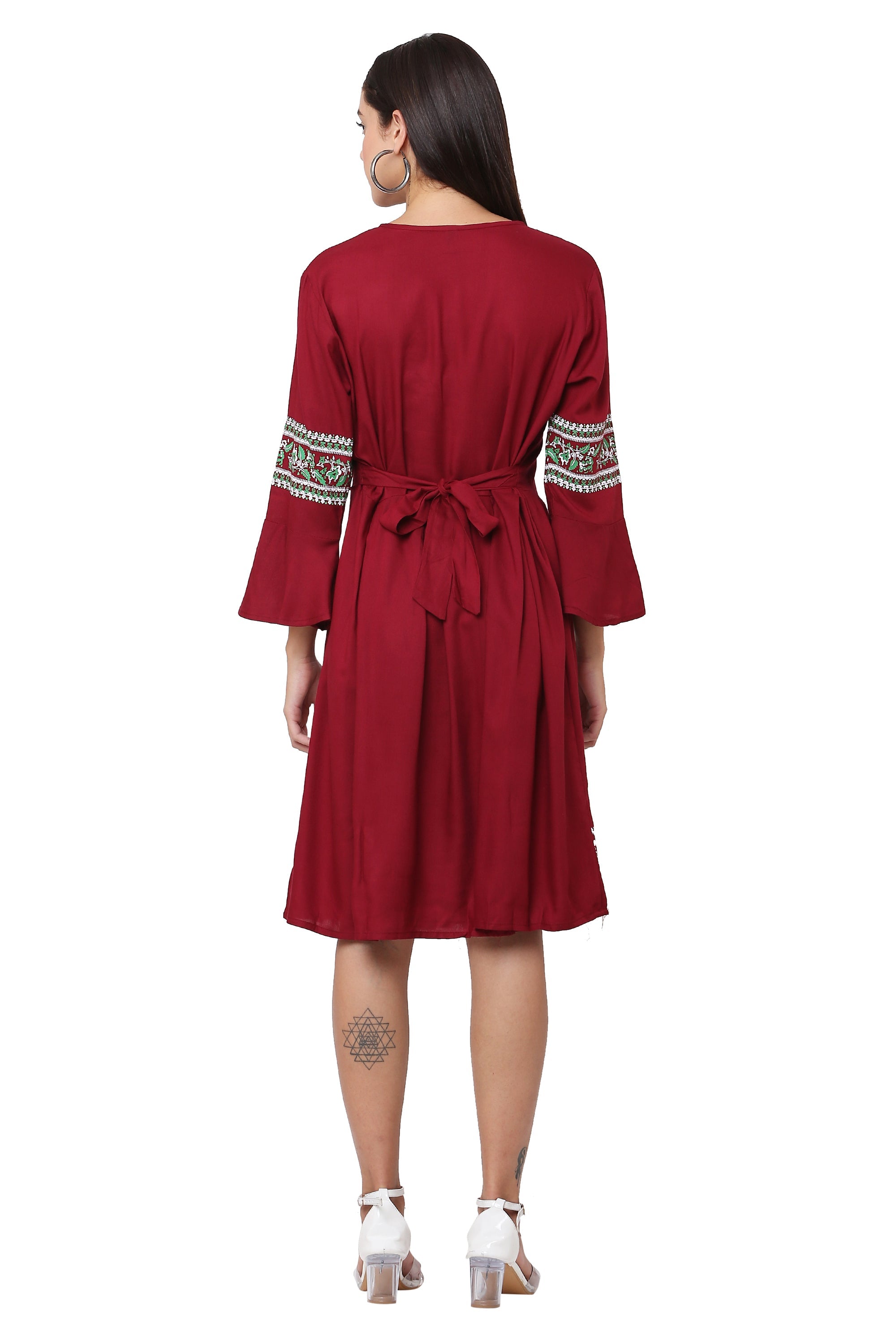 PAVONINE Maroon Color Rayon Fabric Printed Short Midi For Girls