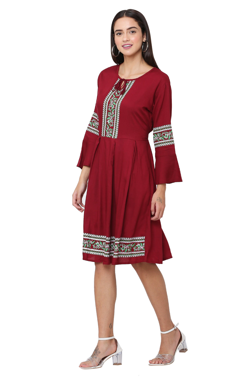 PAVONINE Maroon Color Rayon Fabric Printed Short Midi For Girls