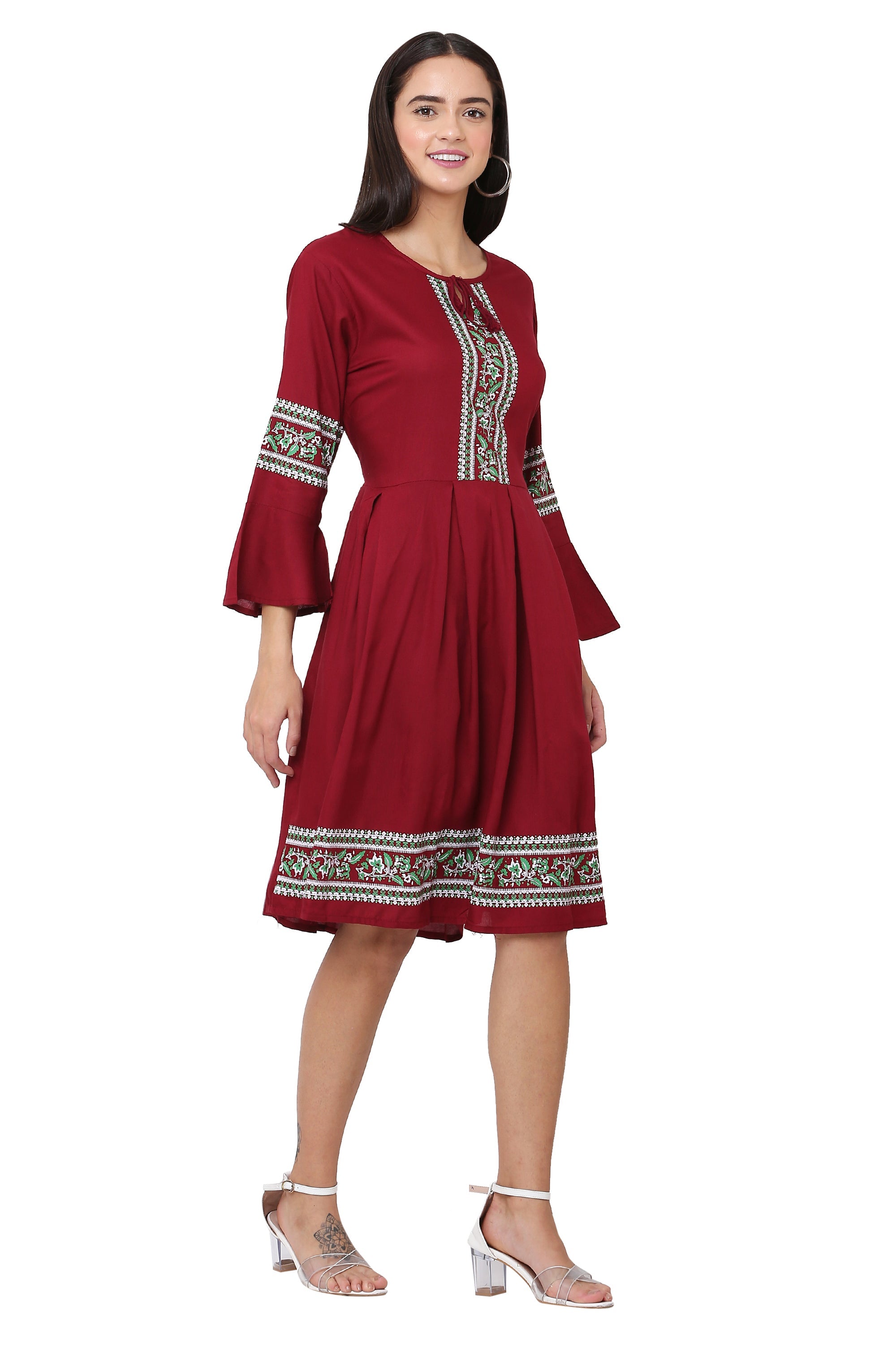 PAVONINE Maroon Color Rayon Fabric Printed Short Midi For Girls