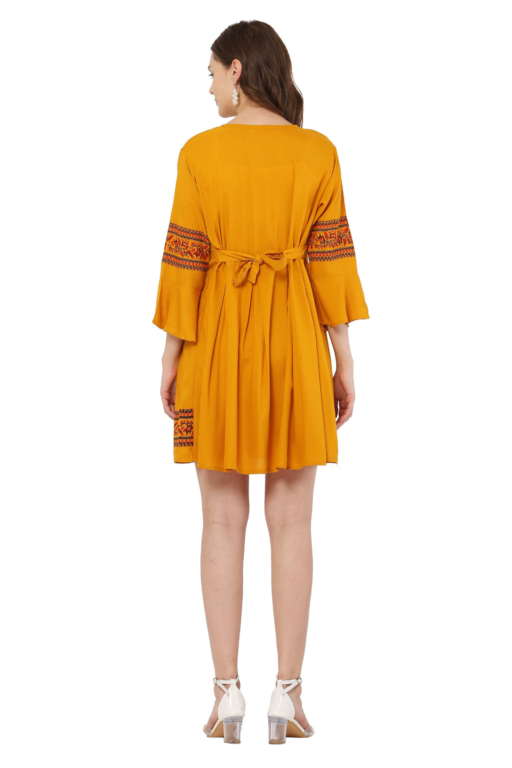 PAVONINE Mustard Color Rayon Fabric Printed Short Midi For Girls