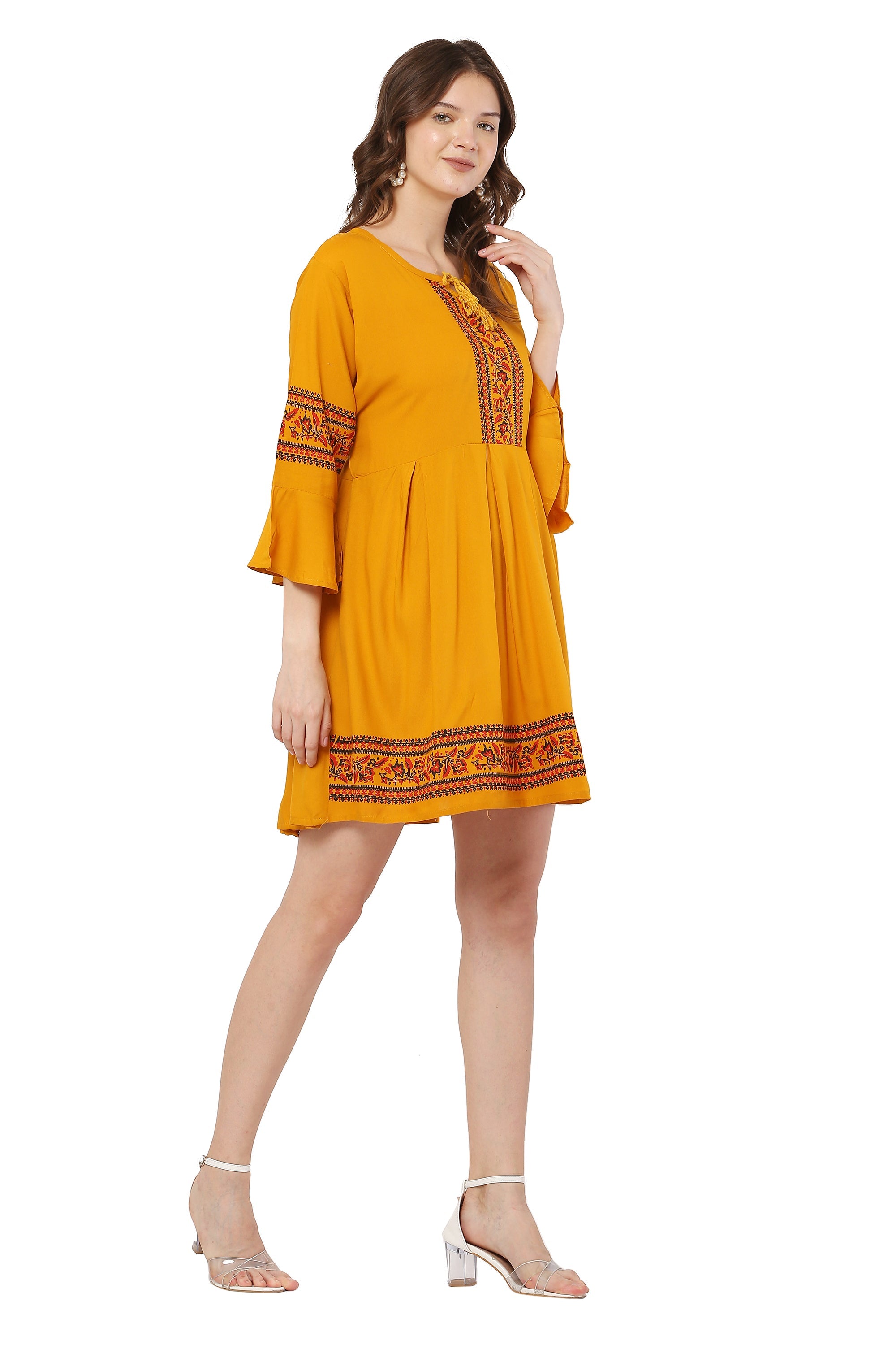PAVONINE Mustard Color Rayon Fabric Printed Short Midi For Girls
